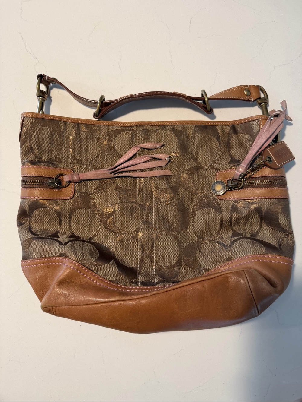 Coach Brown Signature Canvas and Leather Shoulder Bag with Lilac Accents